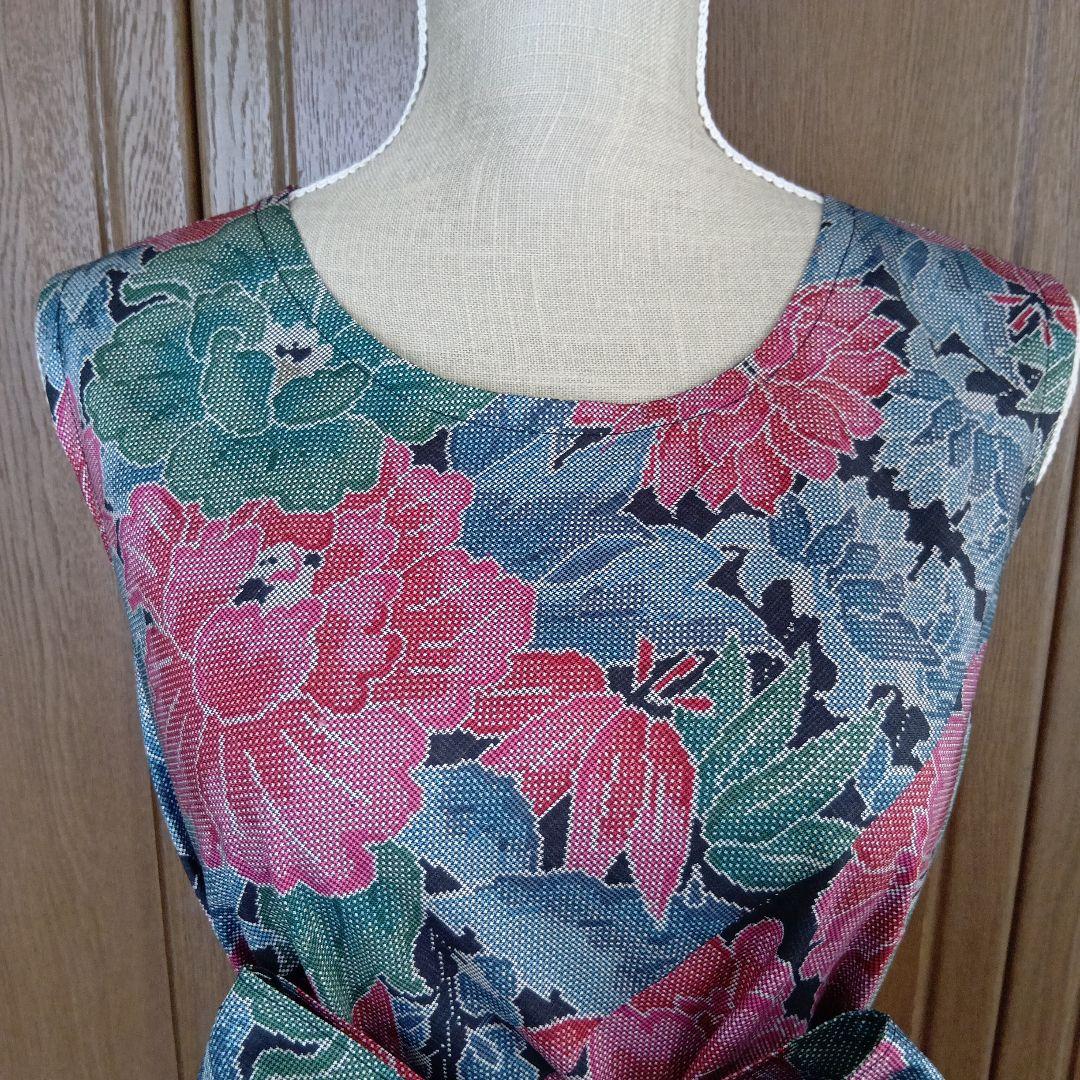 着物リメイク＊７マルキ本場大島紬 大輪柄＊ノースリーブテント型フレアーワンピース