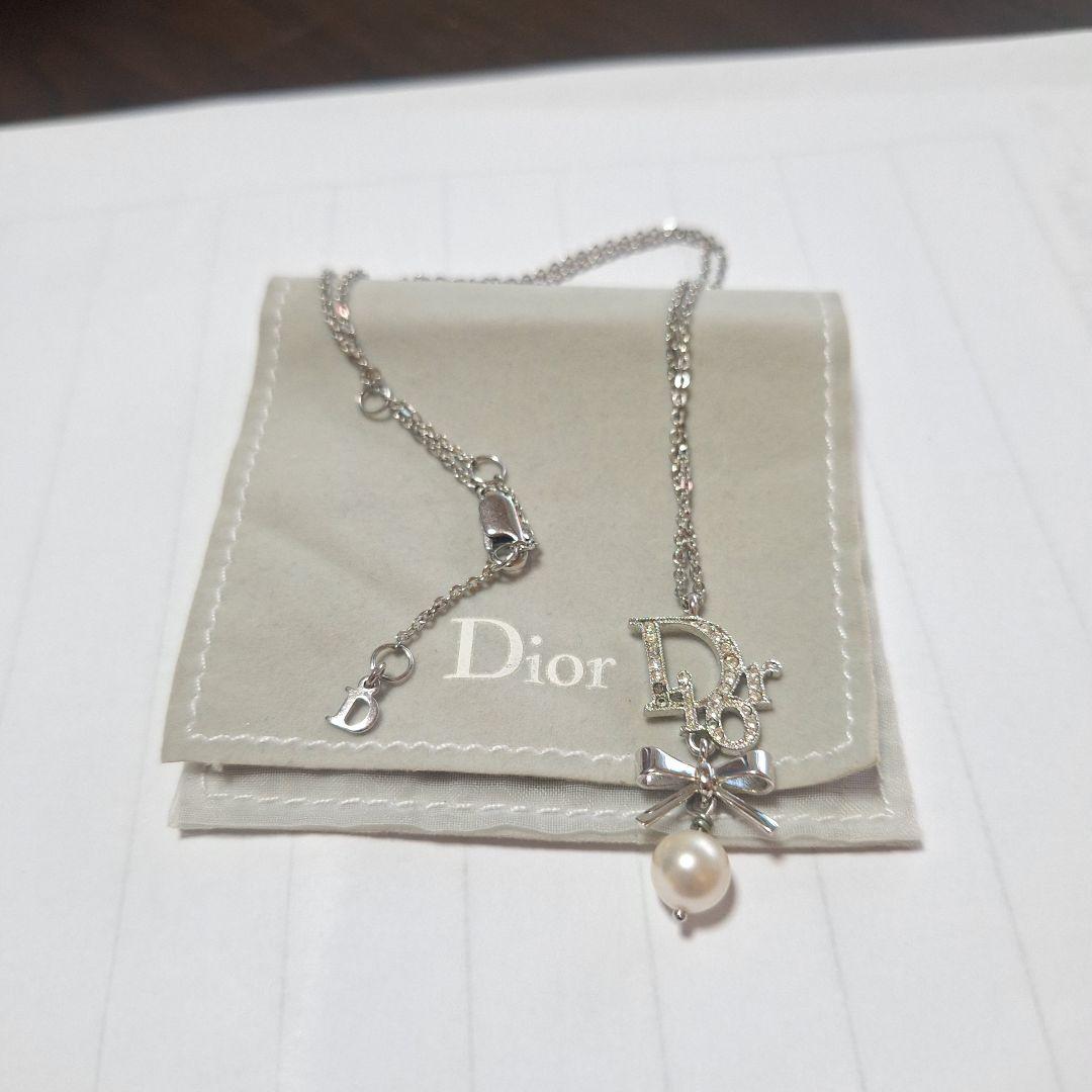 ディオール ネックレス ロゴ リボン パール ラインストーン袋付きヴィンテージ
