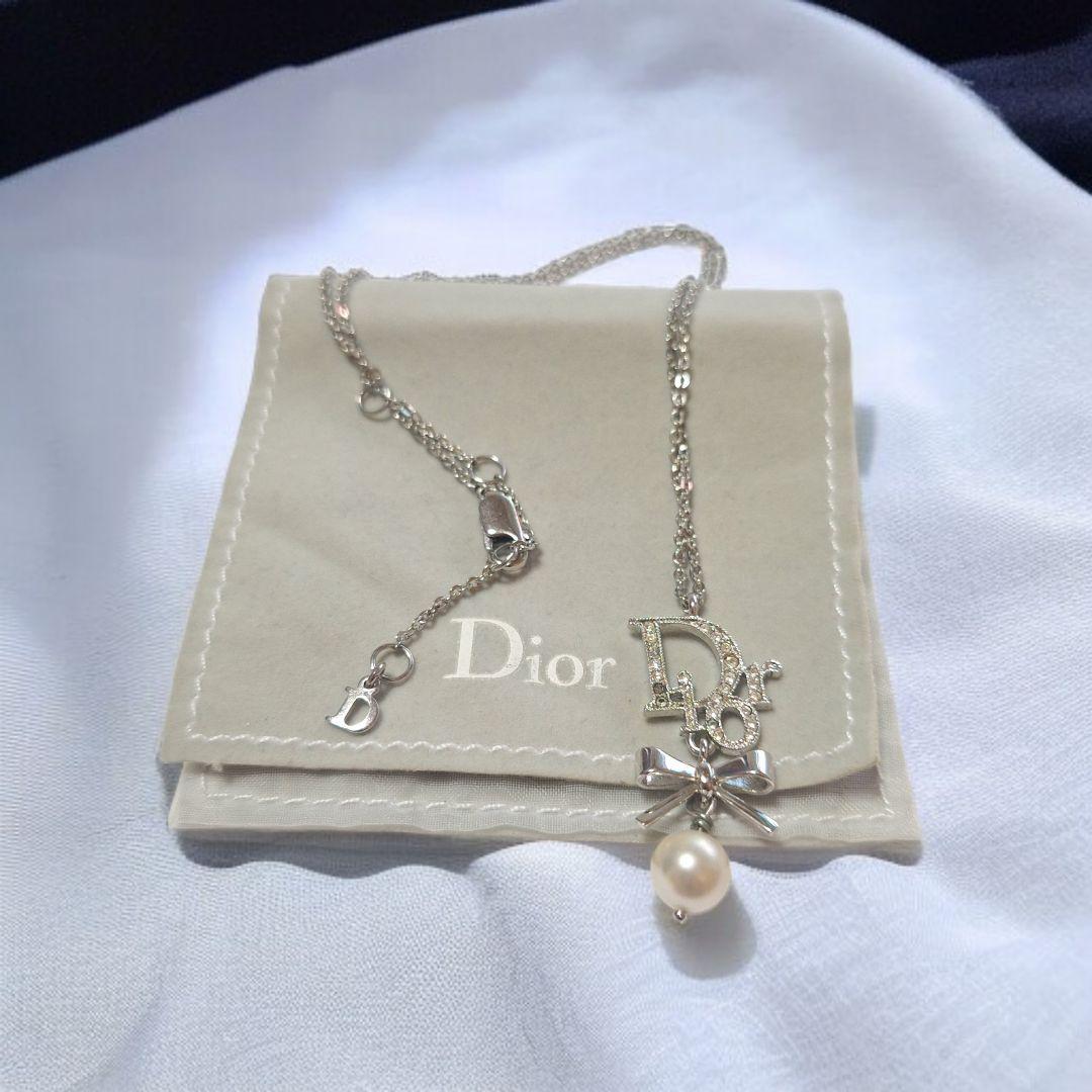 ディオール ネックレス ロゴ リボン パール ラインストーン袋付きヴィンテージ