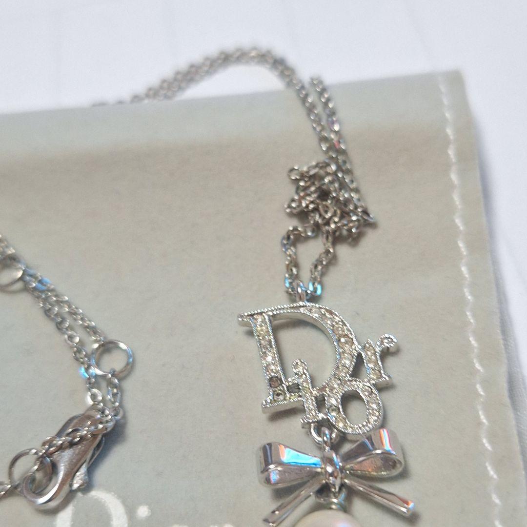 ディオール ネックレス ロゴ リボン パール ラインストーン袋付きヴィンテージ