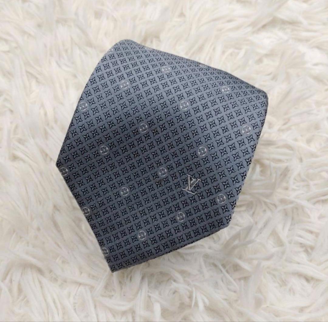 ルイヴィトン 高級シルクネクタイ 総柄 グレー