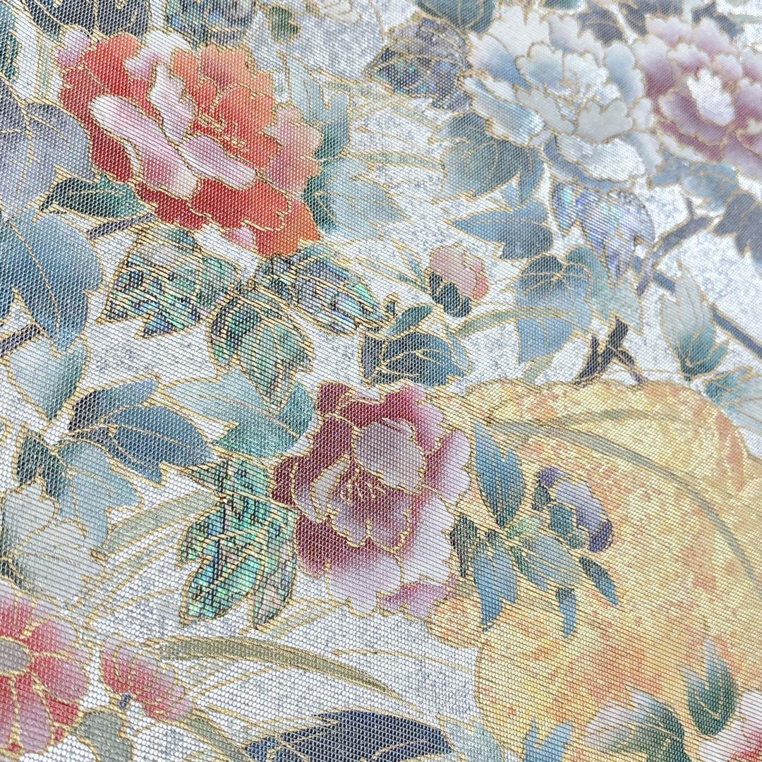 A 182袋帯 六通柄 箔　螺鈿 花草　美品 正絹 着物