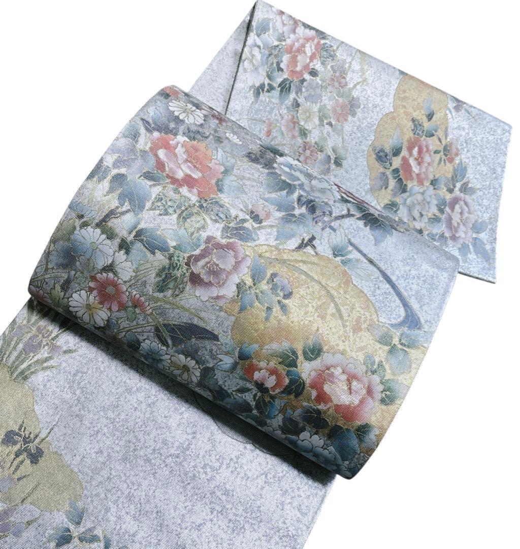 A 182袋帯 六通柄 箔　螺鈿 花草　美品 正絹 着物