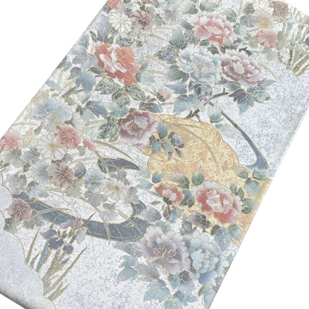 A 182袋帯 六通柄 箔　螺鈿 花草　美品 正絹 着物
