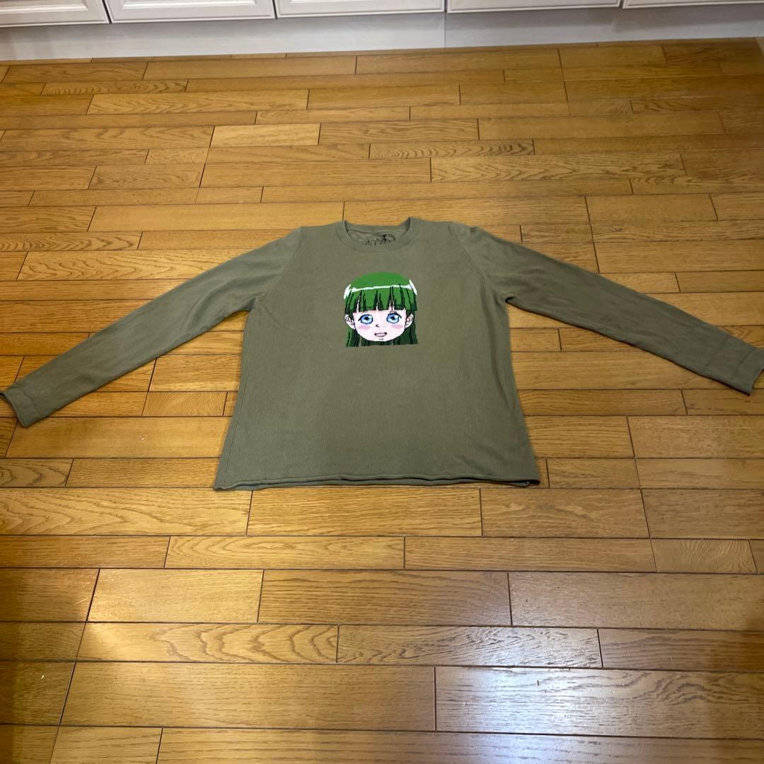 ルシアンペラフィネオリーブ色 長袖カシミヤキャラクタープリント