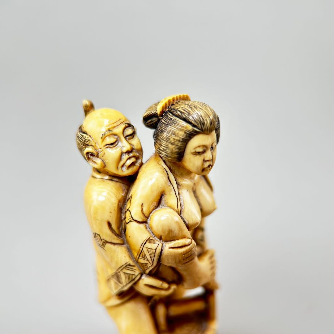浮世絵二人の人物像 彫刻極上根付天然素材アンティーク骨董飾り物古美術置物細密細工