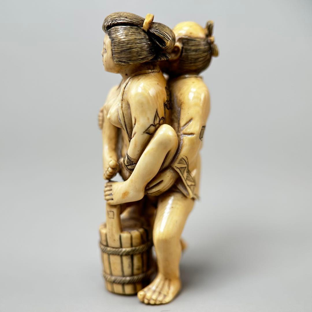 浮世絵二人の人物像 彫刻極上根付天然素材アンティーク骨董飾り物古美術置物細密細工