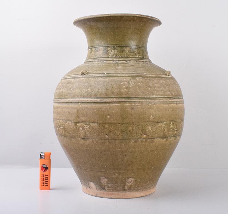 中国　緑釉　花卉文　四耳壷　V　R3585C