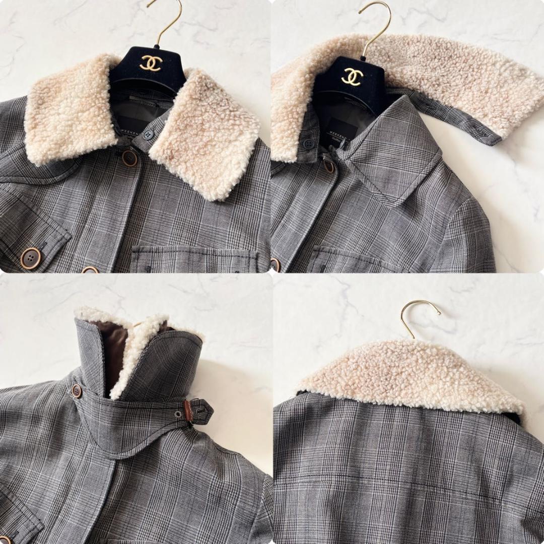 マックスマーラ チェック柄 ボアファー付 ベルト付 ジャケット 灰 XL