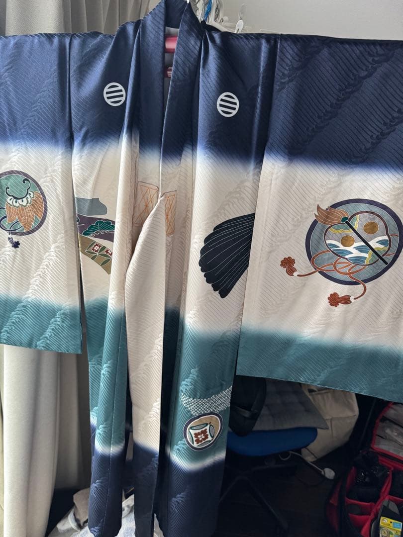 【美品】産着 男の子 鷹 青 白 一つ身 お宮参り 祝い着