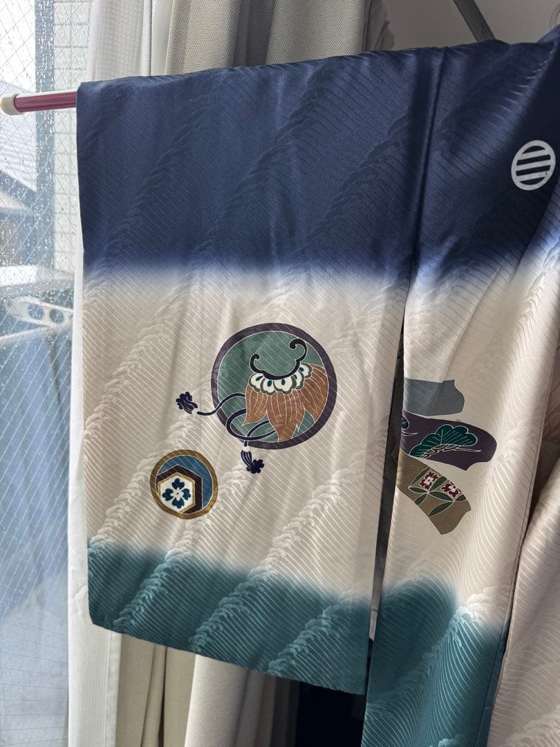 【美品】産着 男の子 鷹 青 白 一つ身 お宮参り 祝い着