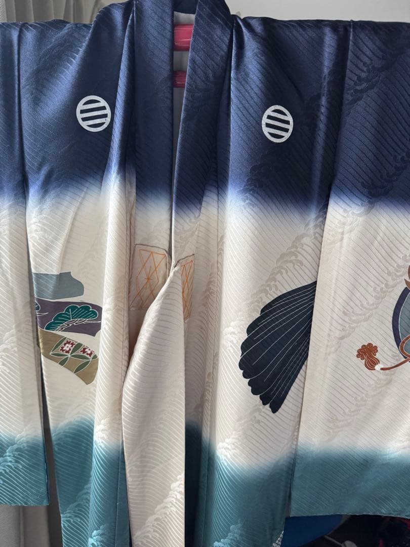 【美品】産着 男の子 鷹 青 白 一つ身 お宮参り 祝い着