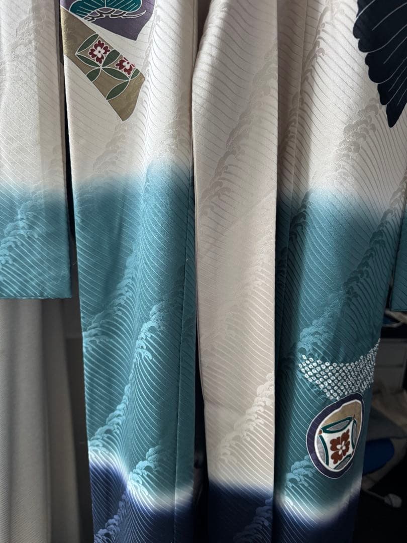 【美品】産着 男の子 鷹 青 白 一つ身 お宮参り 祝い着