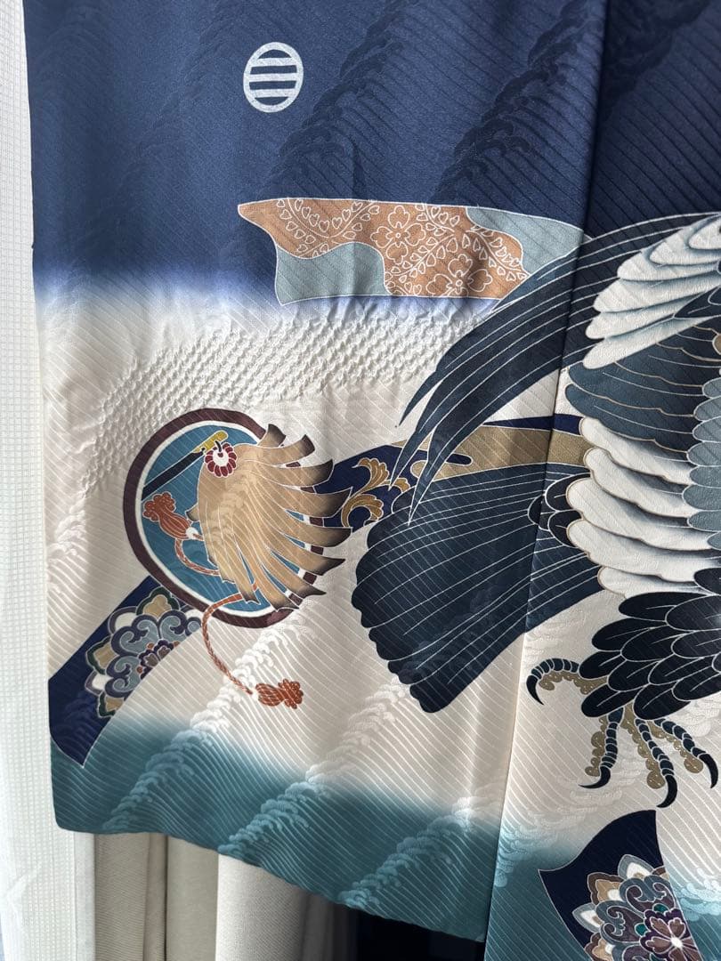 【美品】産着 男の子 鷹 青 白 一つ身 お宮参り 祝い着