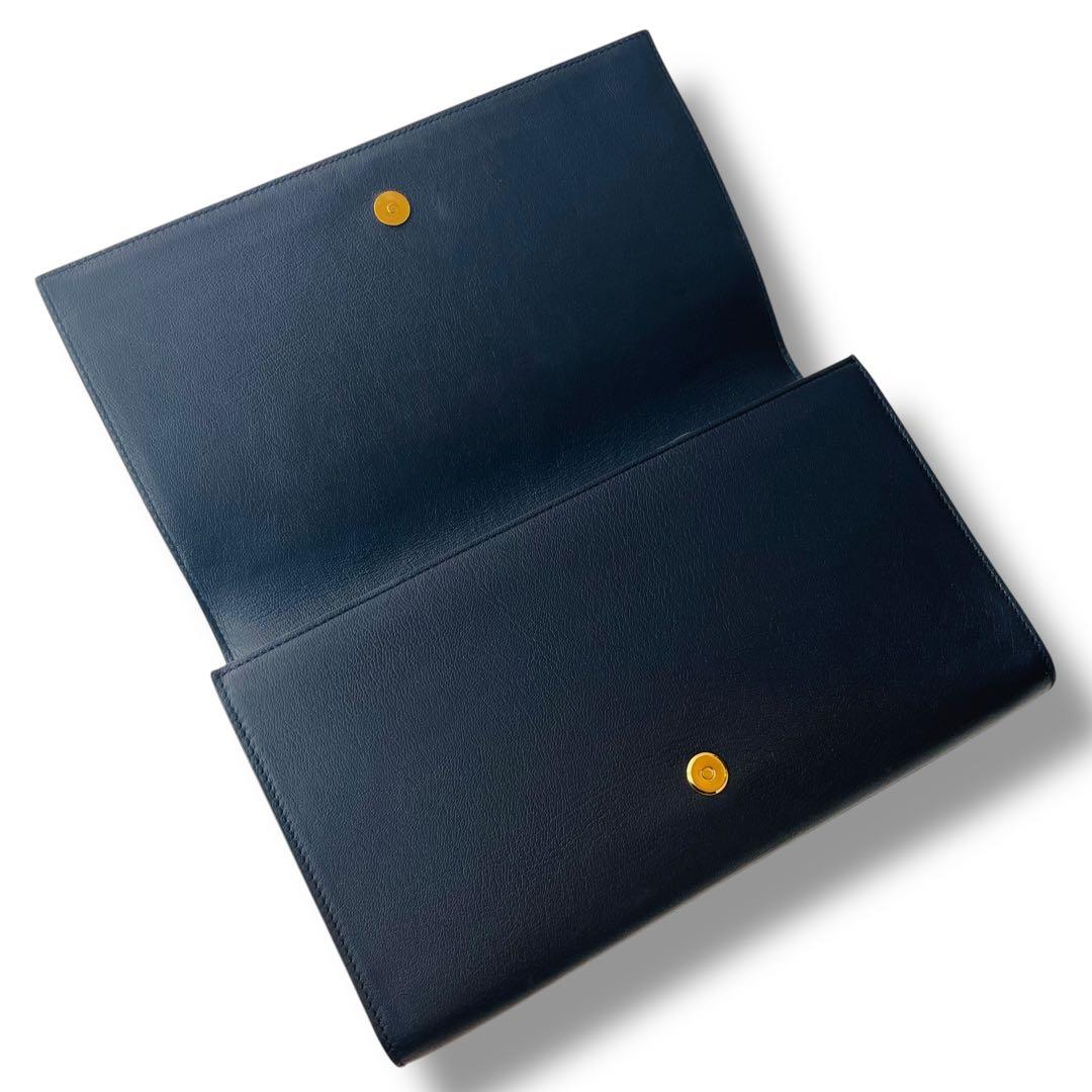 美品 濃紺 サンローラン クラッチバッグ カサンドラ ロゴステッチ パーティー