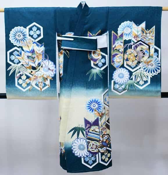 お宮参り 産着 のしめ 男児 正絹 綸子地 金刺繍 青緑色 鷹 NO42273