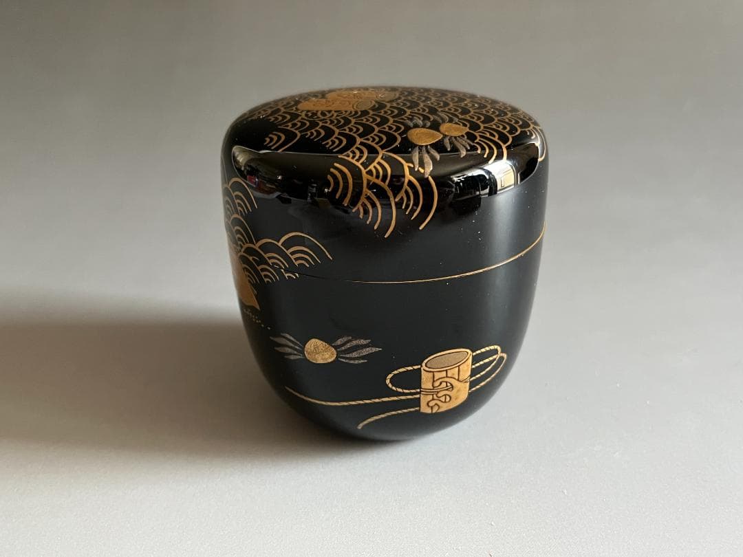 山崎博　迎舟造　汐汲蒔絵　大棗　黒塗　堀内宗完書付　茶道具　薄茶器　表千家