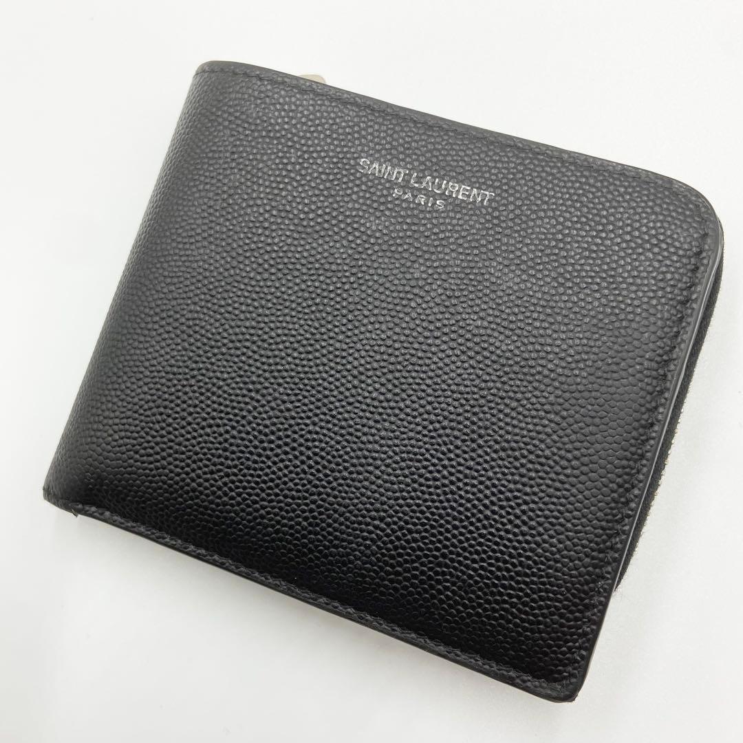 サンローラン キャビアスキン L字ジップ 二つ折り財布 レザー　ブラック