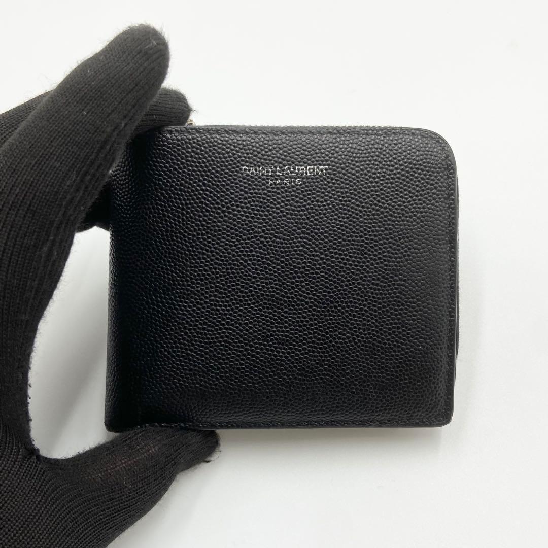 サンローラン キャビアスキン L字ジップ 二つ折り財布 レザー　ブラック