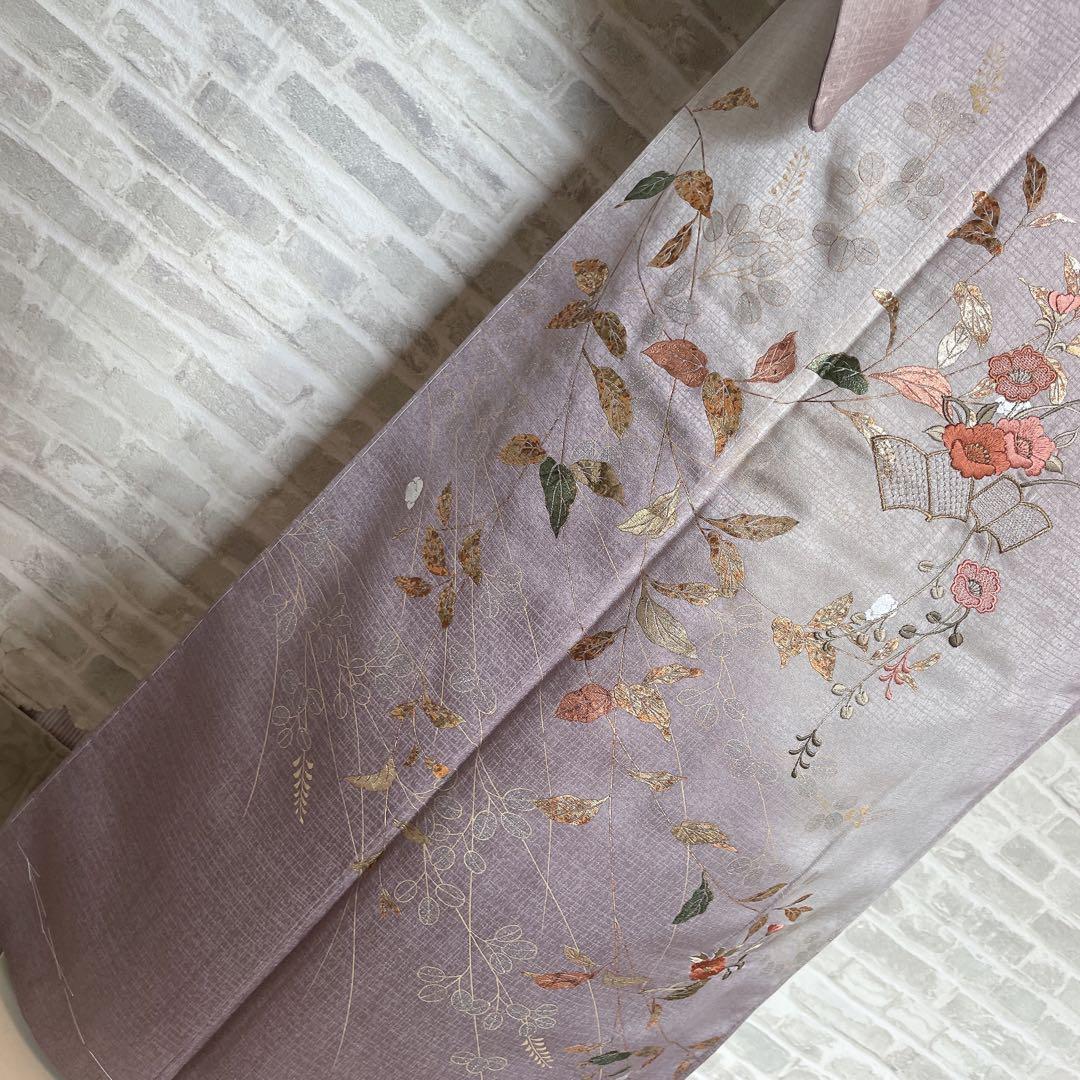 訪問着　フルセット　椿と萩　古書　手刺繍　金彩加工　綸子　ガード加工　L4