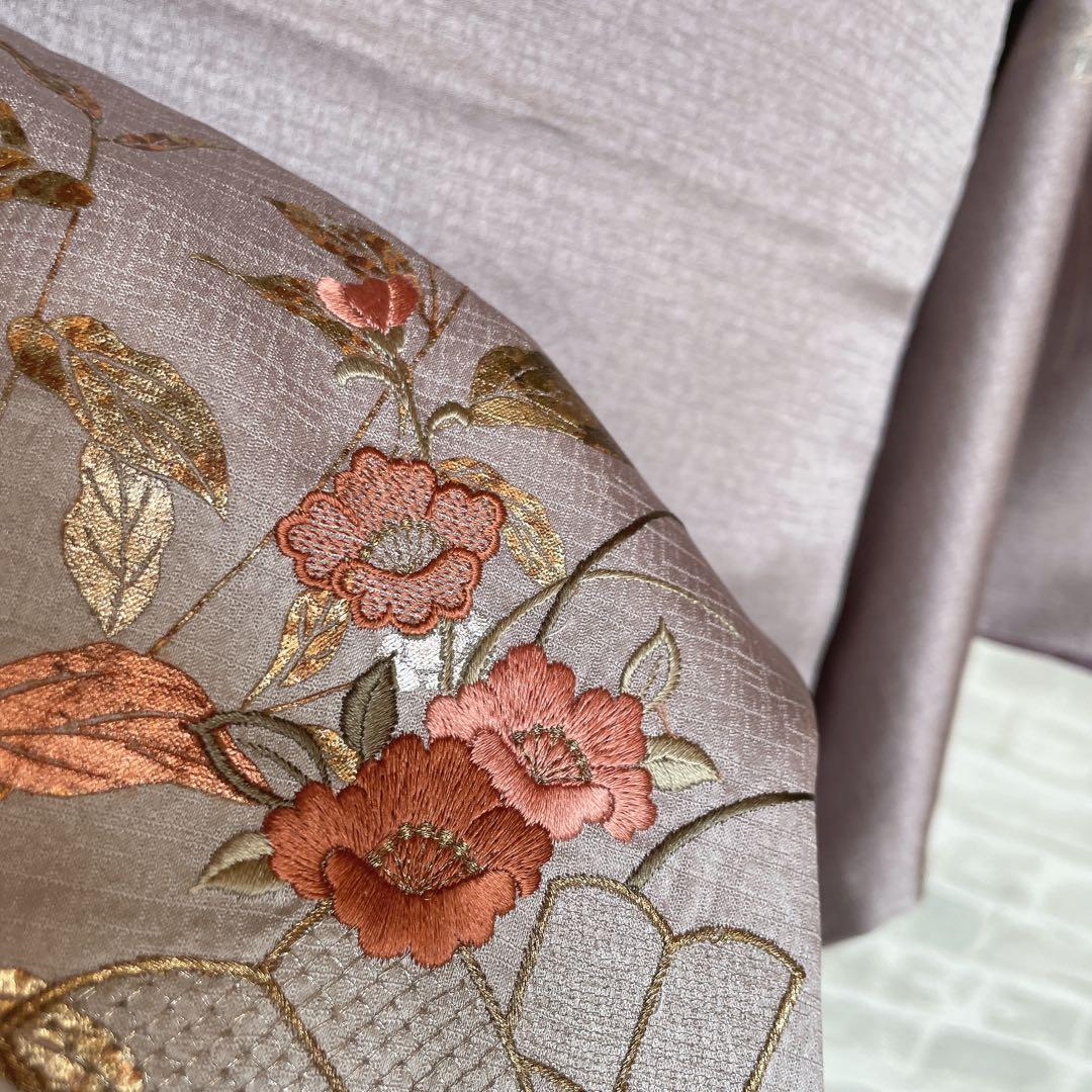 訪問着　フルセット　椿と萩　古書　手刺繍　金彩加工　綸子　ガード加工　L4