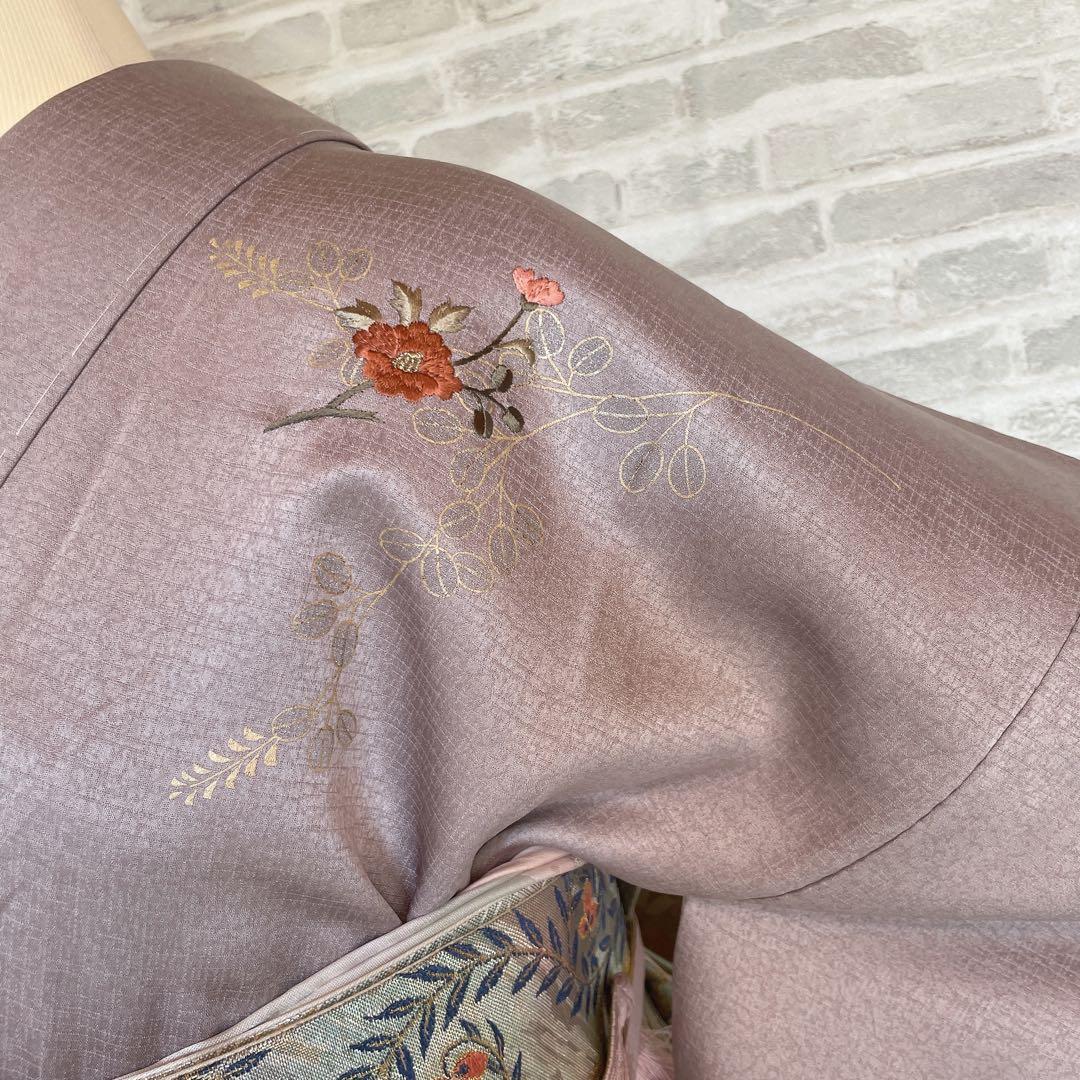 訪問着　フルセット　椿と萩　古書　手刺繍　金彩加工　綸子　ガード加工　L4