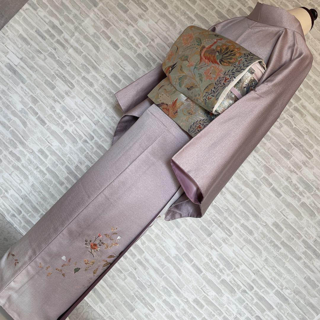 訪問着　フルセット　椿と萩　古書　手刺繍　金彩加工　綸子　ガード加工　L4