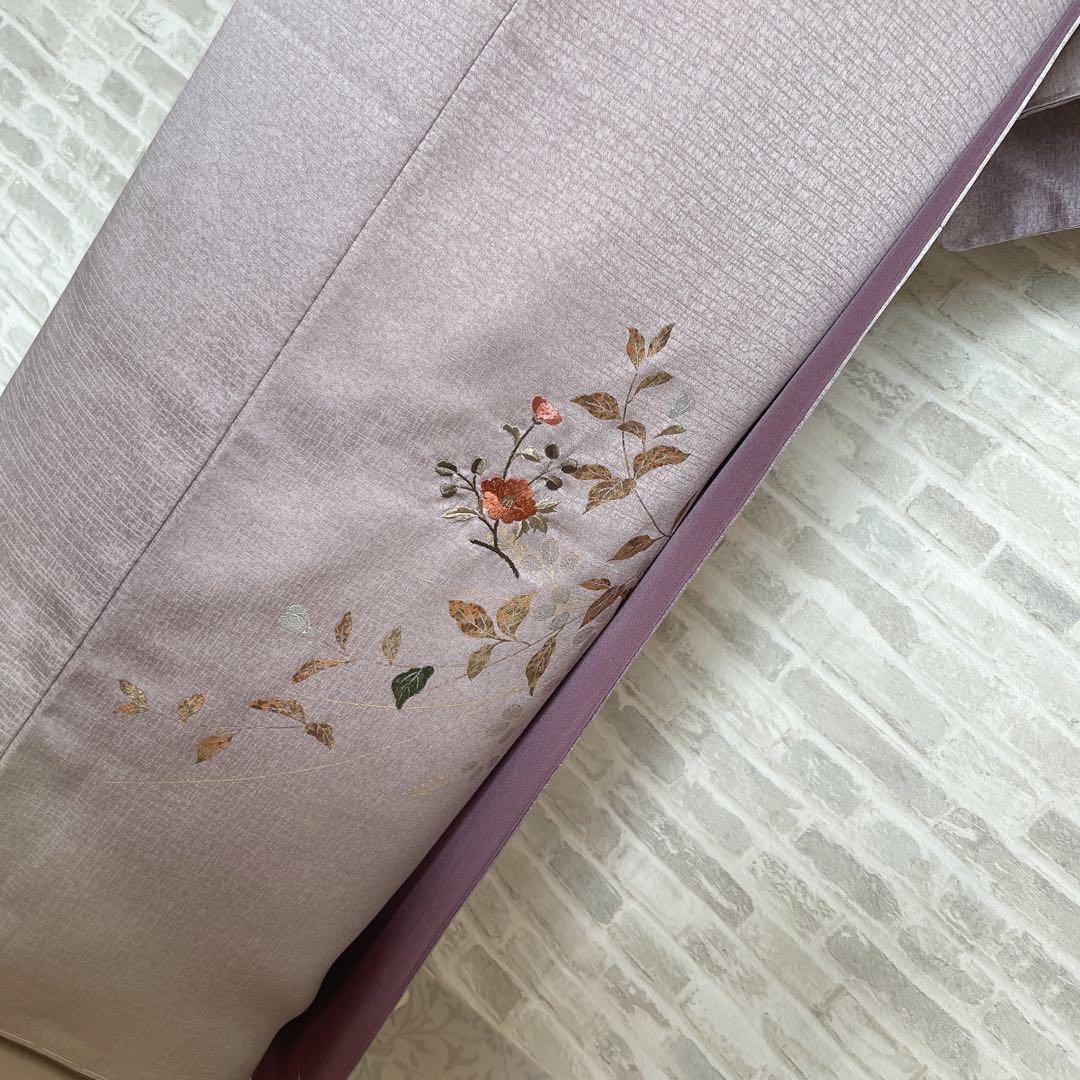 訪問着　フルセット　椿と萩　古書　手刺繍　金彩加工　綸子　ガード加工　L4