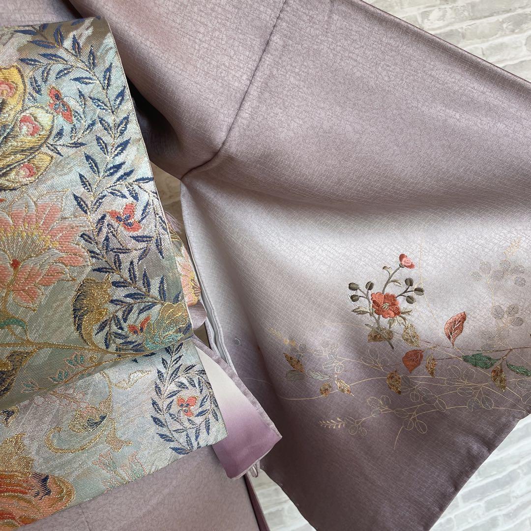 訪問着　フルセット　椿と萩　古書　手刺繍　金彩加工　綸子　ガード加工　L4