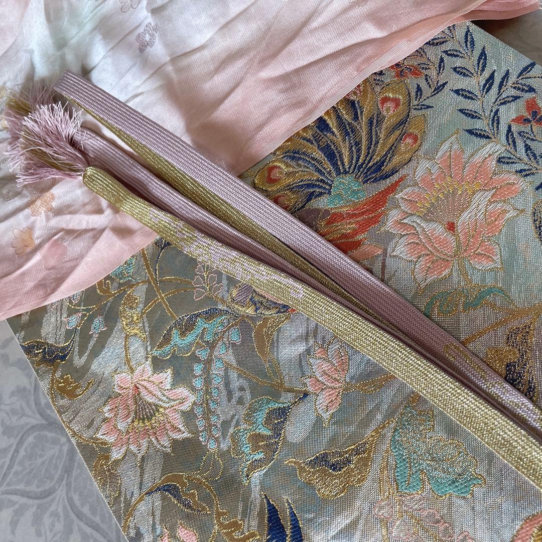 訪問着　フルセット　椿と萩　古書　手刺繍　金彩加工　綸子　ガード加工　L4