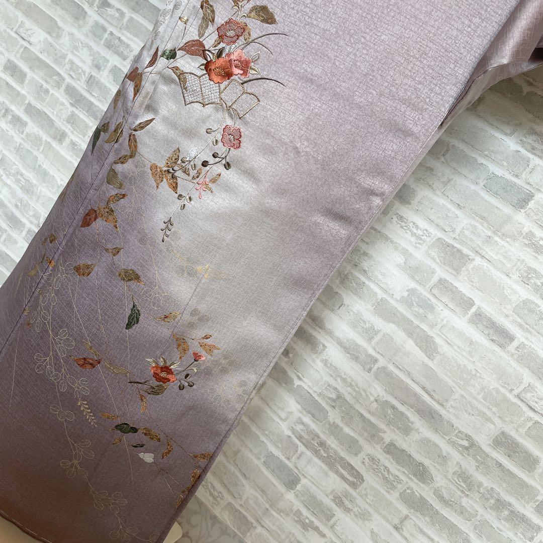 訪問着　フルセット　椿と萩　古書　手刺繍　金彩加工　綸子　ガード加工　L4