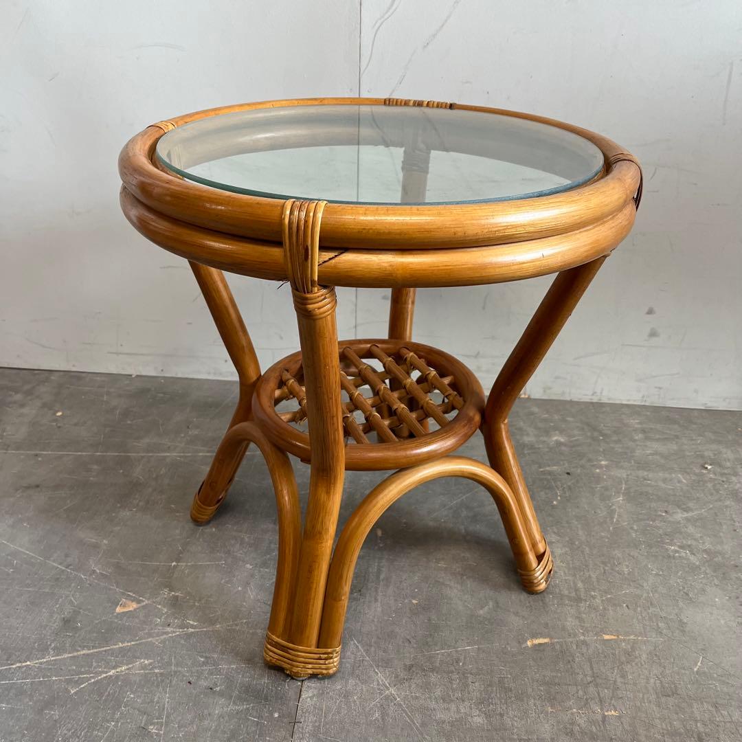 ヴィンテージ ラタン ガラス テーブル ラウンド レトロ 籐