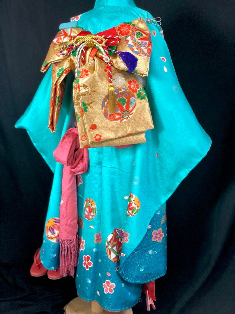 【正絹】 七五三　7歳　絵羽　鞠　折鶴　着物　四つ身　作り帯　セット　女の子