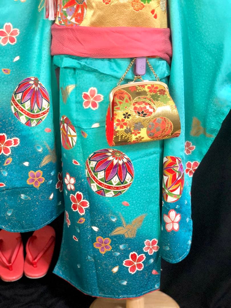 【正絹】 七五三　7歳　絵羽　鞠　折鶴　着物　四つ身　作り帯　セット　女の子