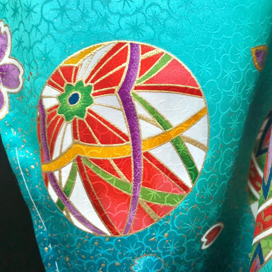 【正絹】 七五三　7歳　絵羽　鞠　折鶴　着物　四つ身　作り帯　セット　女の子