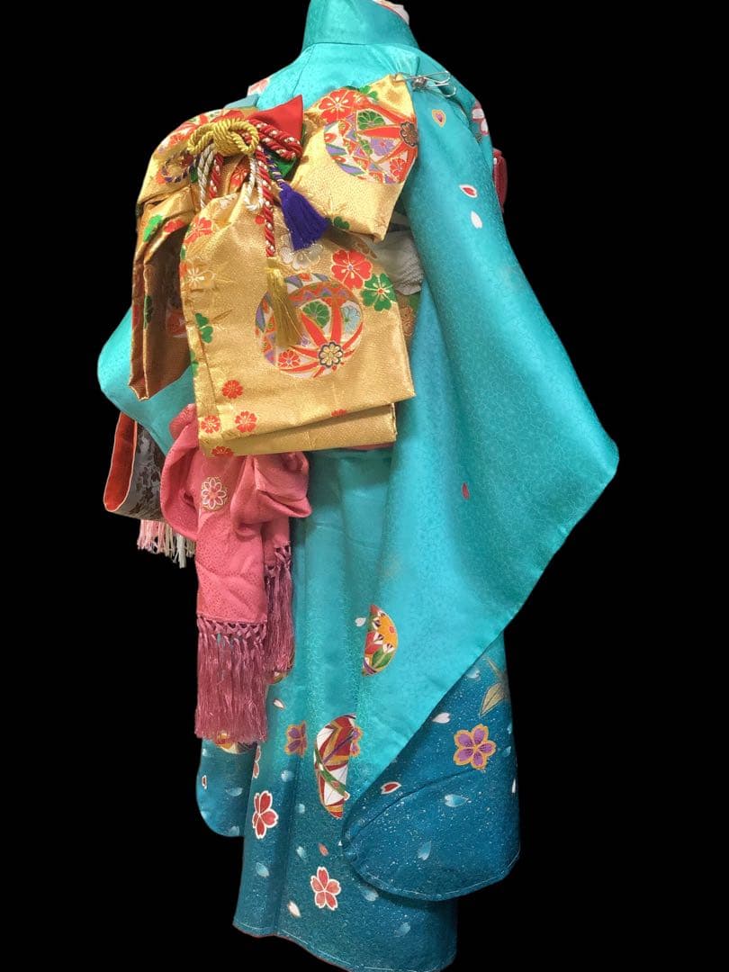 【正絹】 七五三　7歳　絵羽　鞠　折鶴　着物　四つ身　作り帯　セット　女の子