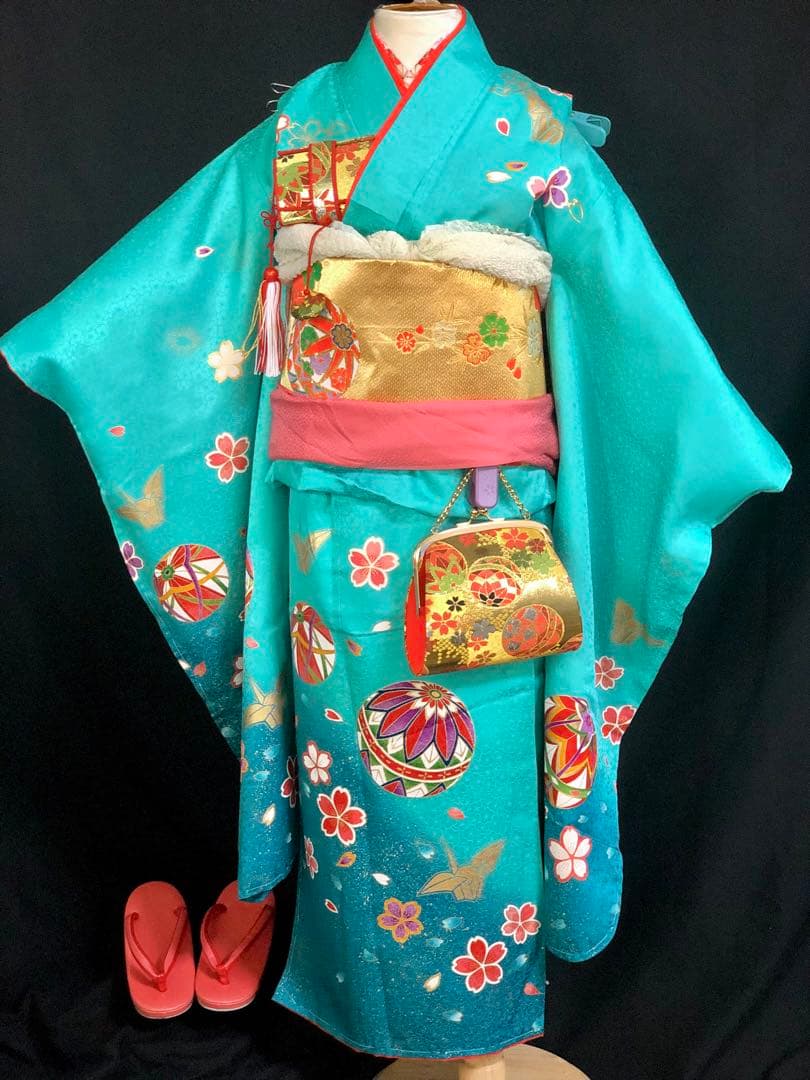 【正絹】 七五三　7歳　絵羽　鞠　折鶴　着物　四つ身　作り帯　セット　女の子