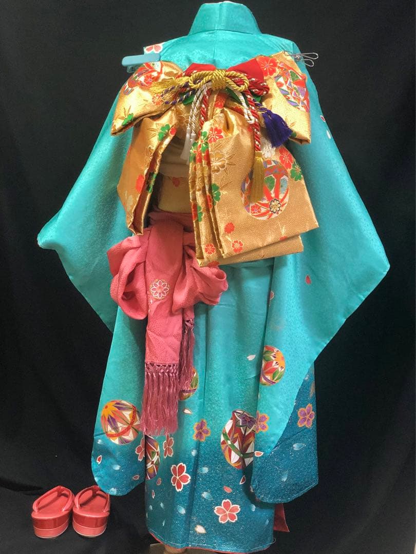 【正絹】 七五三　7歳　絵羽　鞠　折鶴　着物　四つ身　作り帯　セット　女の子