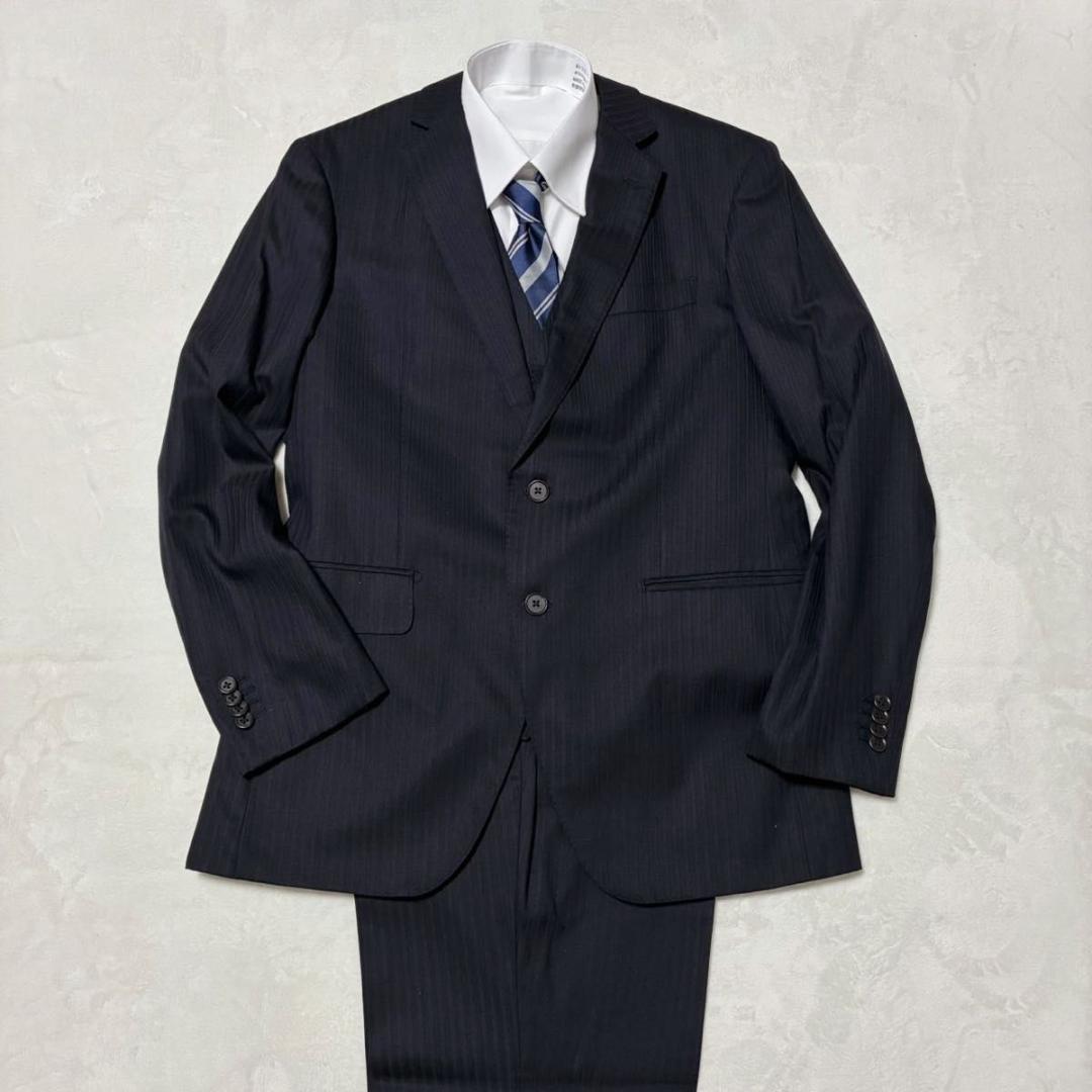 ザスーツカンパニー スリーピーススーツ ストライプ センターベント 裏地派手 黒