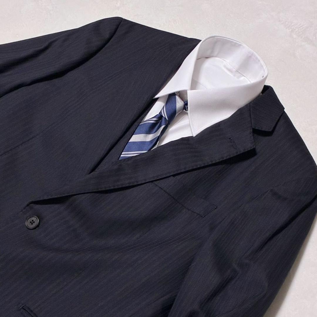 ザスーツカンパニー スリーピーススーツ ストライプ センターベント 裏地派手 黒