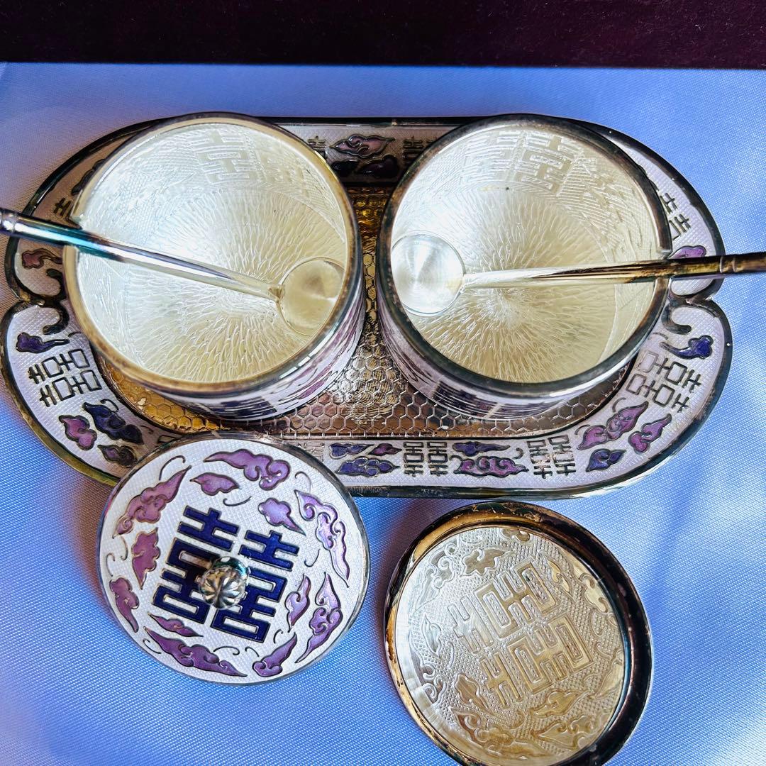 未使用　純銀七宝砂糖器＆トレイセット　銀食器　レトロ　ビンテージ　希少