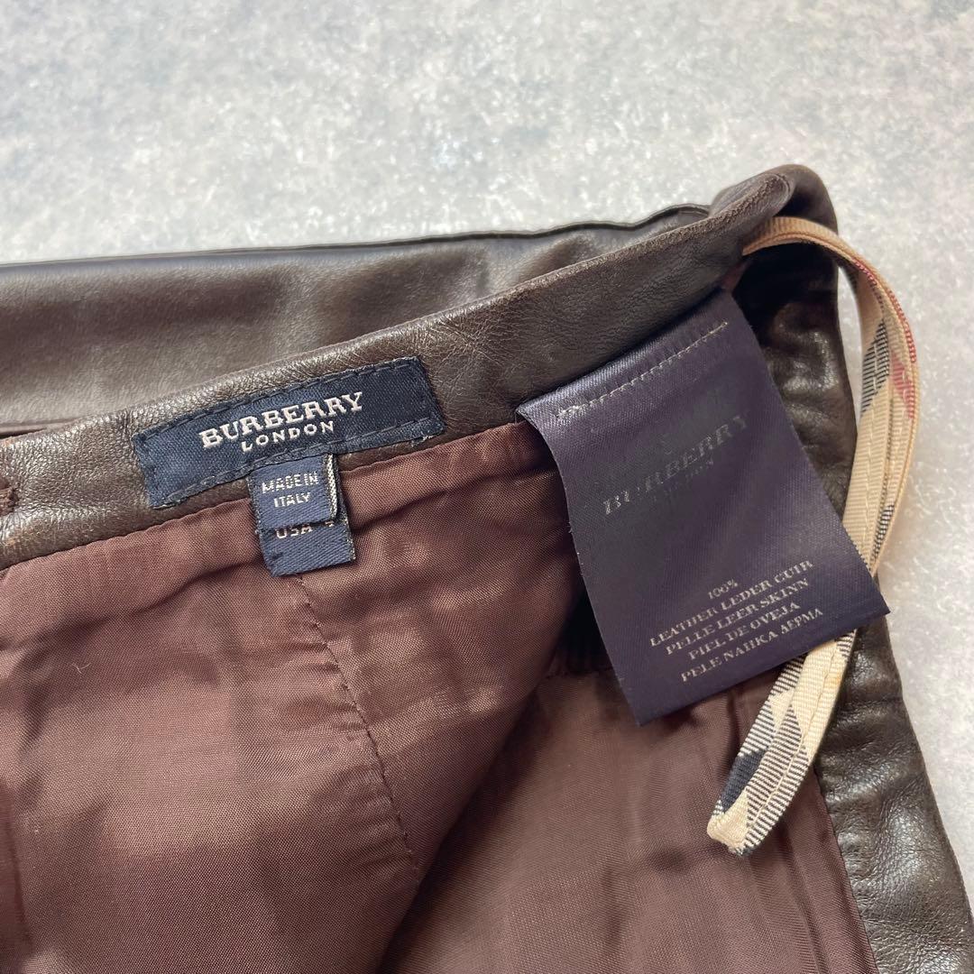 上質 バーバリー ロンドン ラムレザー プリーツスカート ダークブラウン UK6