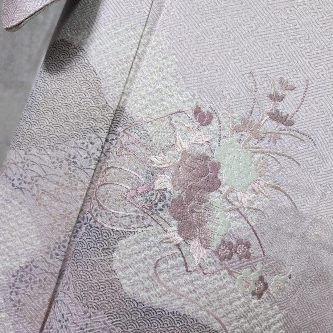 訪問着　フルセット　着物　正絹　薄紫　刺繍　絞り　Sサイズ　清楚　バチ衿　O5