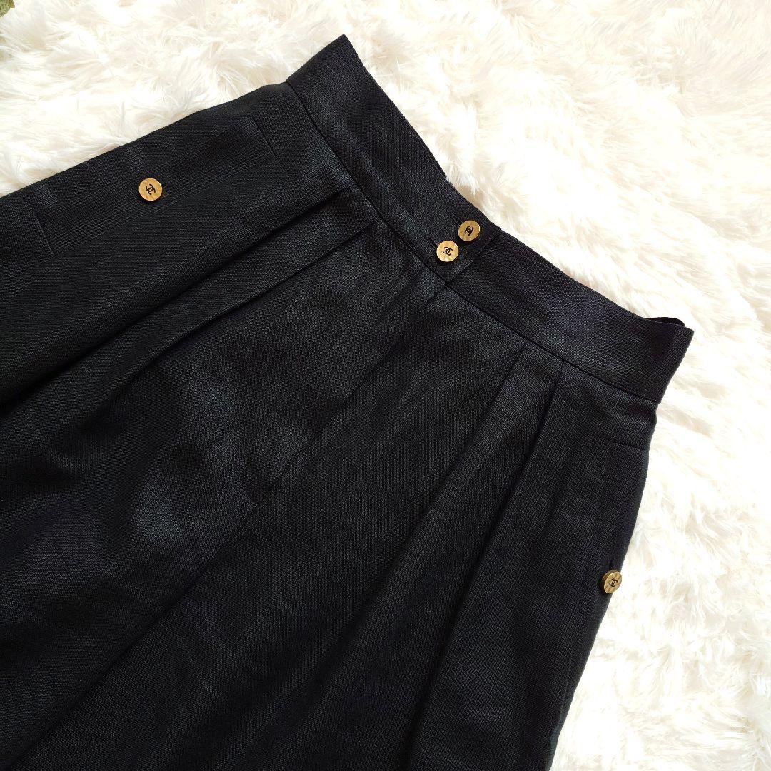 シャネル　ココマーク　金ボタン　リネン　ショート　ワイド　タック　パンツ