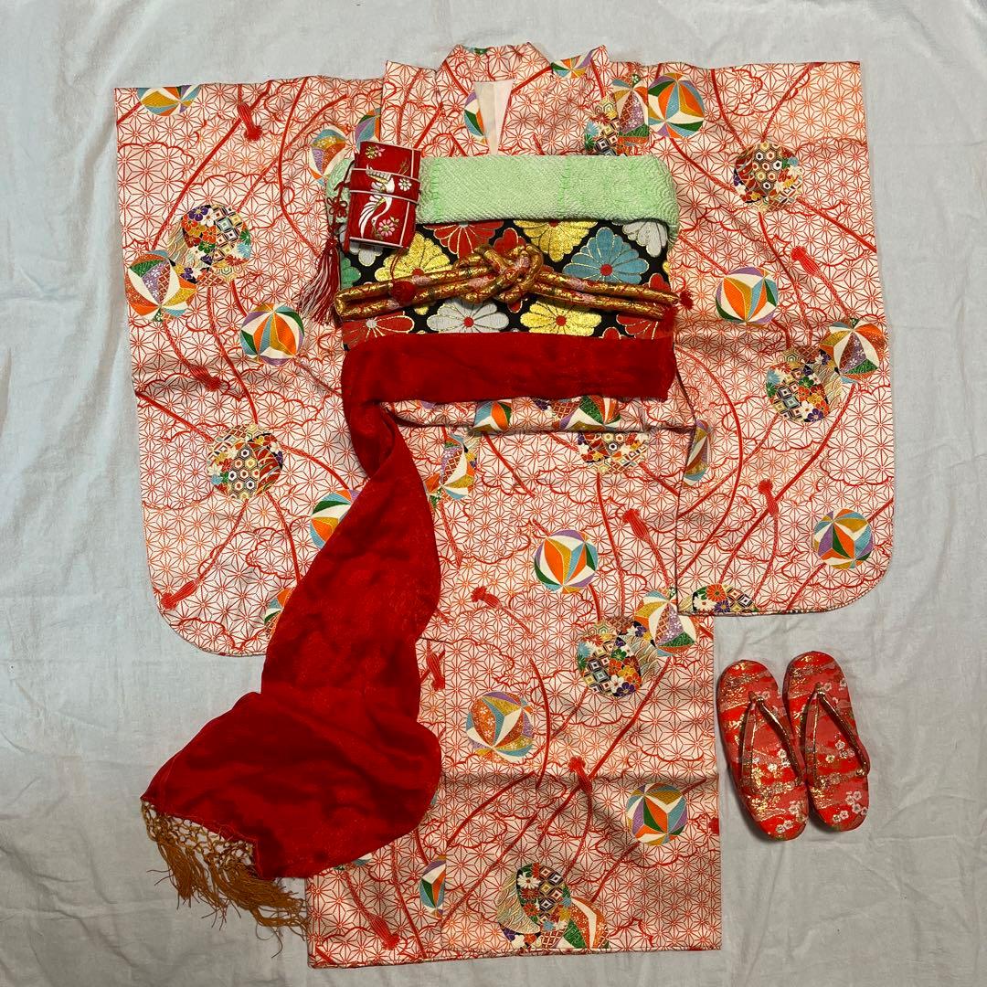 七五三　五歳　七歳　着物セット　アンティーク　かのこ　朱色