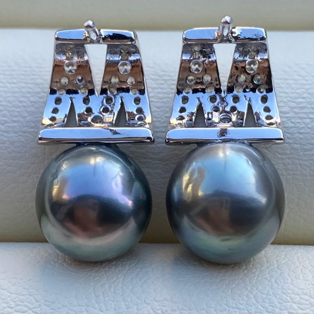 本真珠　南洋黒蝶真珠タヒチパールピアス　9.4mmグリーンP1188