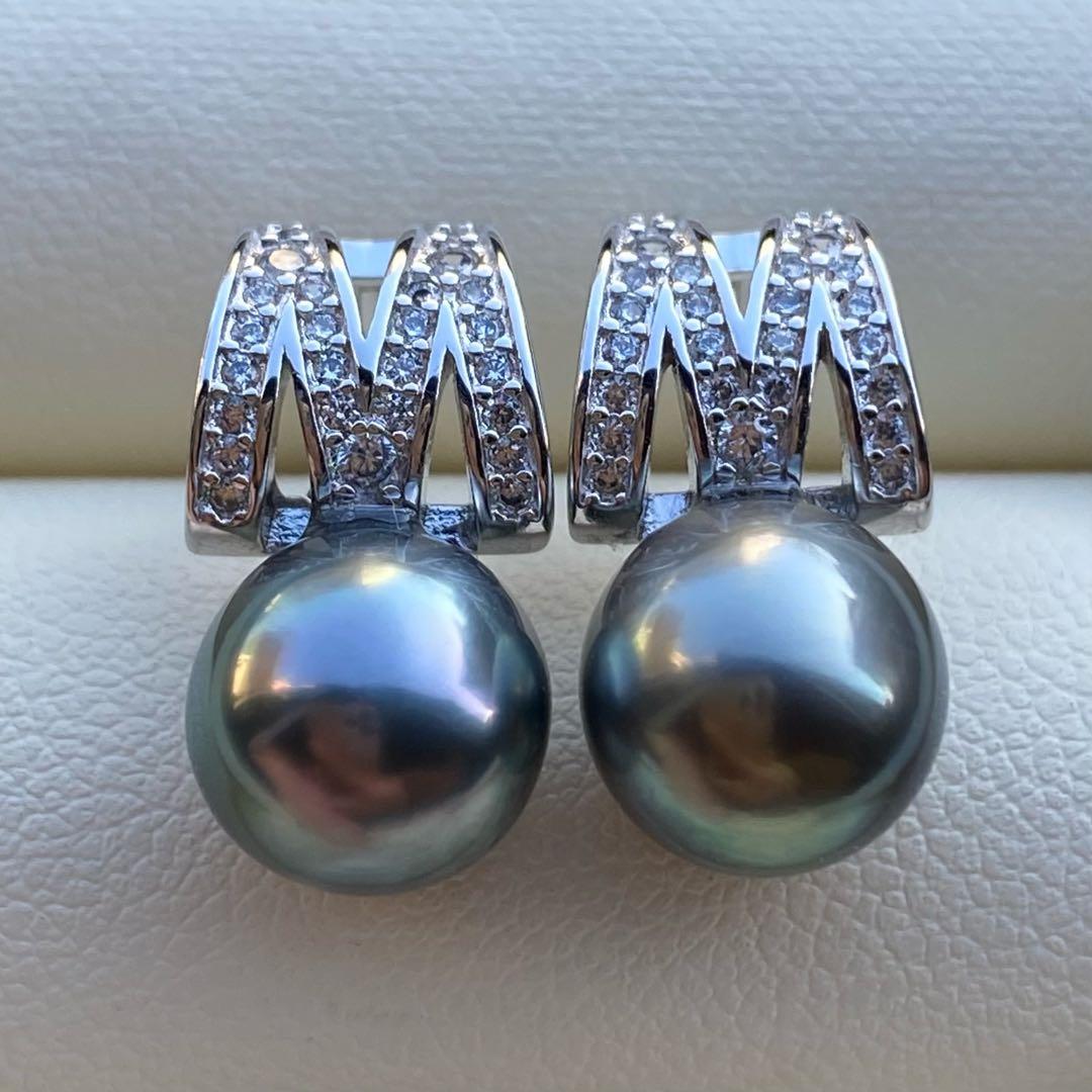 本真珠　南洋黒蝶真珠タヒチパールピアス　9.4mmグリーンP1188