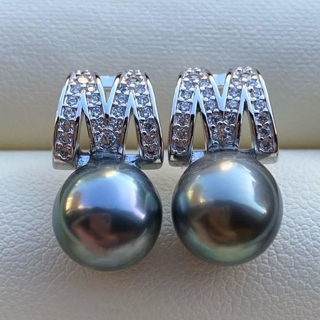 本真珠　南洋黒蝶真珠タヒチパールピアス　9.4mmグリーンP1188