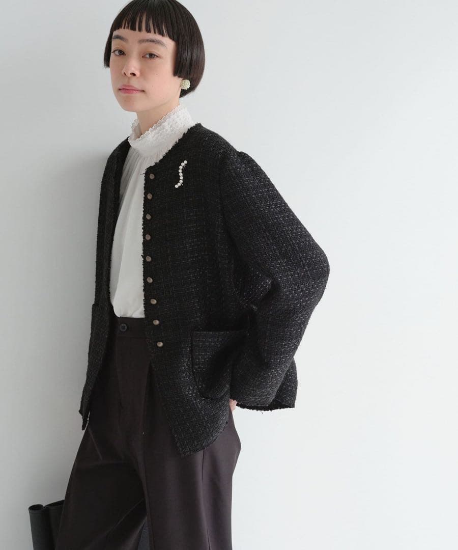 pual ce cin ノーカラーツイードジャケット ブラック