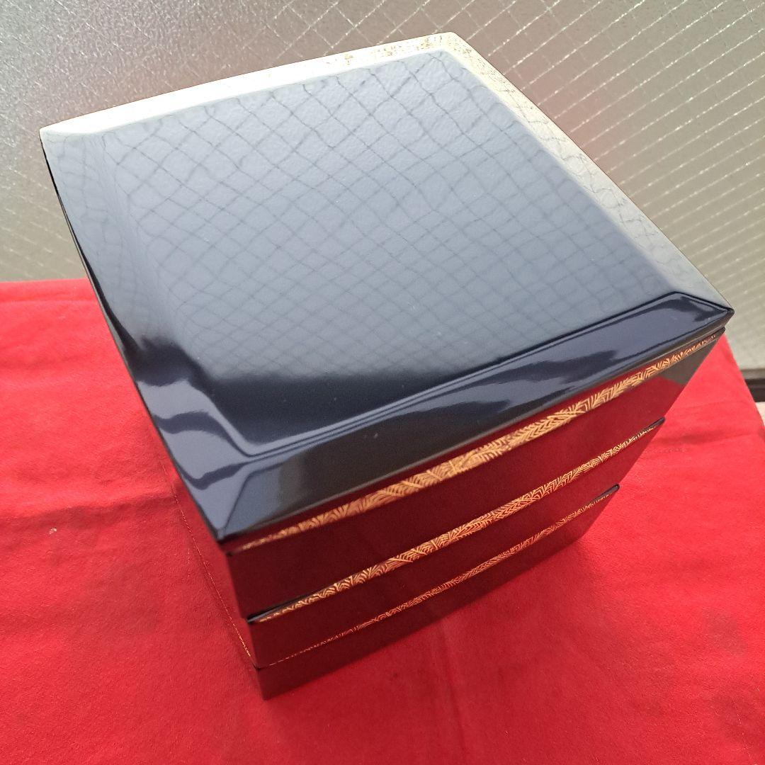 【会津漆器　6.5寸\"3段重箱】天然木製　ダイヤ型　胴張　長期保管品